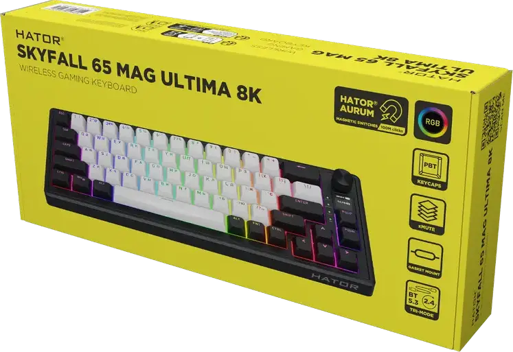 Tastatura Mecanica HATOR Skyfall 65 MAG ULTIMA 8K Wireless, Format 65%, Switchuri Magnetice HATOR Aurum Ice Lineare, Rapid Trigger, Tri-mode (USB-C, Bluetooth 5.3, 2.4 GHz), RGB, PBT