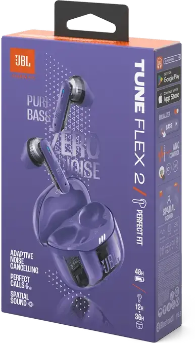 Casca JBL Tune Flex 2 Violet True Wireless, Drivere Dinamice 12mm, Anulare Adaptivă a Zgomotului ANC, Baterie 48h, Rezistență IP54, Sunet Spatial