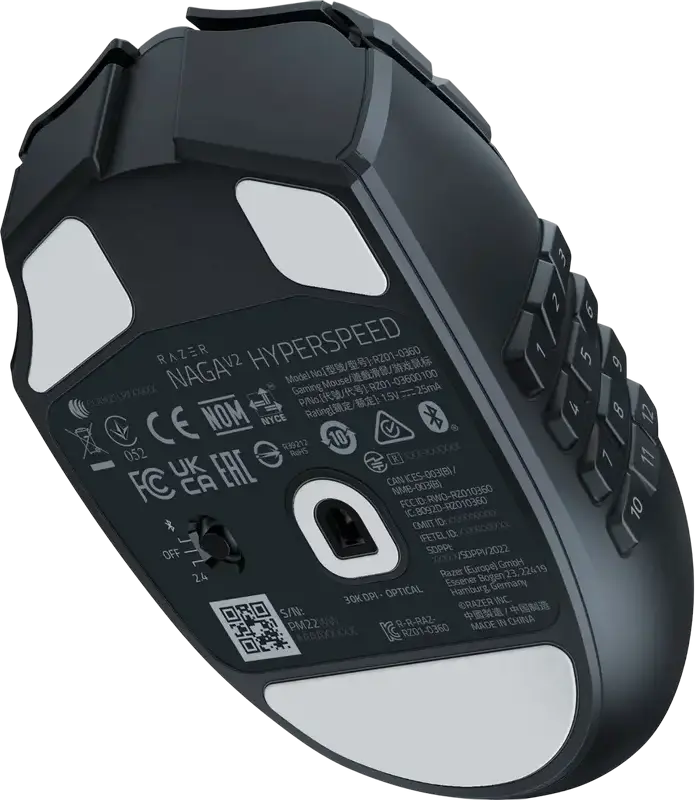 Razer Naga V2 HyperSpeed Wireless (2.4 GHz, Bluetooth) Ergonomic Right-handed MMO Gaming Mouse RZ01-03600, Focus Pro 30K Optical Sensor 30000 DPI, 19 Buttons, HyperScroll Wheel, Black