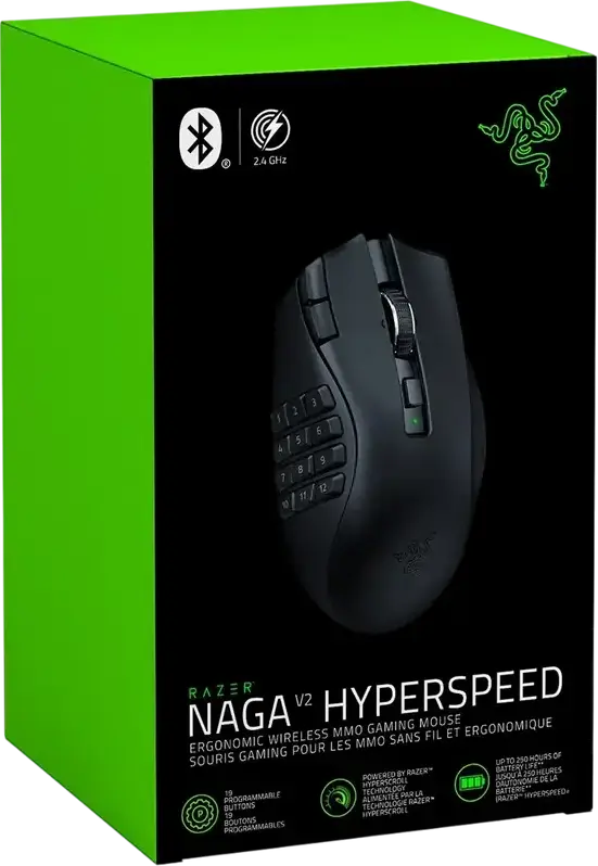 Razer Naga V2 HyperSpeed Wireless (2.4 GHz, Bluetooth) Ergonomic Right-handed MMO Gaming Mouse RZ01-03600, Focus Pro 30K Optical Sensor 30000 DPI, 19 Buttons, HyperScroll Wheel, Black