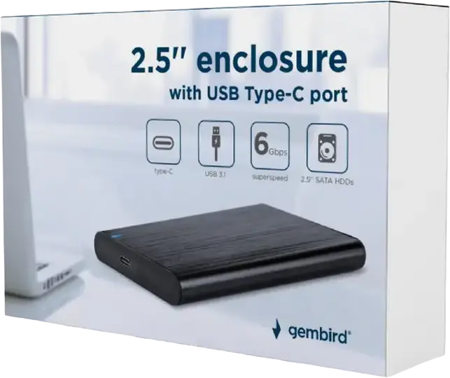 Gembird EE2-U3S-6 External 2.5" HDD/SSD Enclosure, USB 3.2 Gen 1 Type-C, UASP Support, Brushed Aluminum, Tool-Free Installation, Black