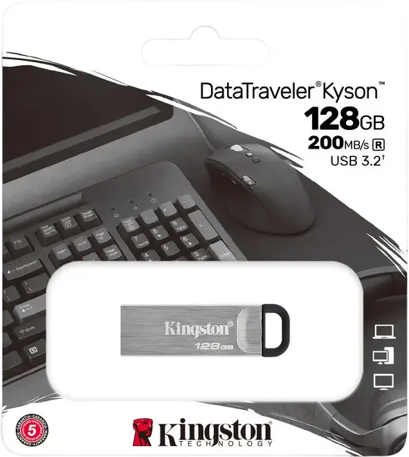 Stick Memorie Kingston DataTraveler Kyson 128GB USB 3.2 Gen 1, Carcasă Metalică fără Capac, Viteza de Citire până la 200MB/s, Interfață USB-A, Argintiu
