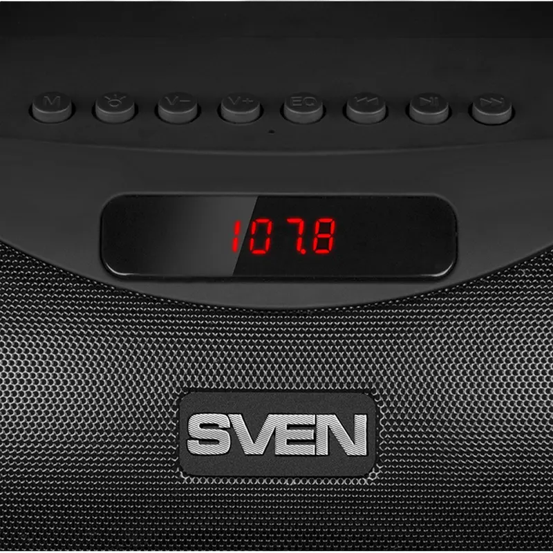 SVEN PS-425 Portable Karaoke Speaker System, 12W RMS, Bluetooth, RGB Backlight, Microphone Input, FM Radio, USB/microSD/AUX, Li-Ion Battery, Color: Black
