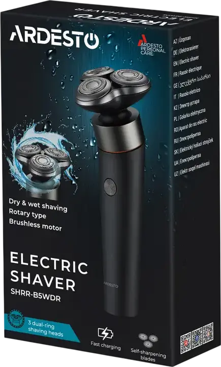 Ardesto SHRR-B5WDR Rotary Electric Shaver, 3 Floating Heads with Double Rings, IPX7 Waterproof Wet & Dry, 5W Brushless Motor, Li-Ion Battery, Black, Charging stand, protective cap, USB Type-C cable
