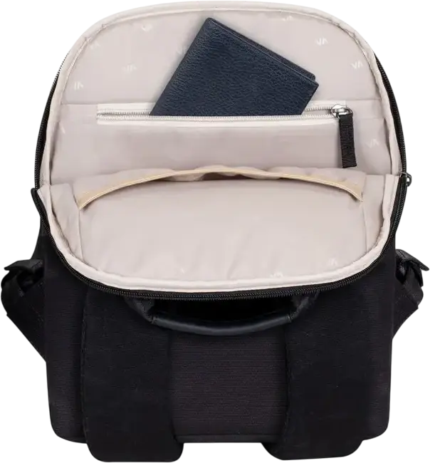Rivacase Cardiff 8521 Unisex Laptop Backpack for 13.3" MacBook Air/Pro, 10.5" Tablet & iPad Pro 12.9", Faux Leather & Canvas, Anti-theft Lock, Color: Black, 8L