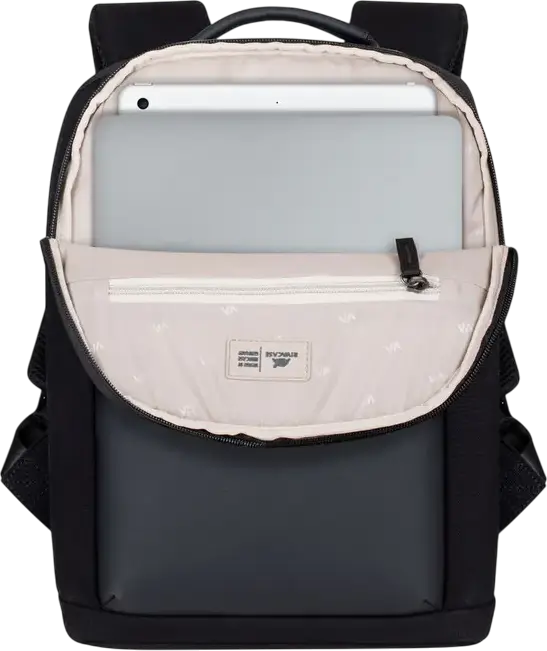 Rivacase Cardiff 8521 Unisex Laptop Backpack for 13.3" MacBook Air/Pro, 10.5" Tablet & iPad Pro 12.9", Faux Leather & Canvas, Anti-theft Lock, Color: Black, 8L