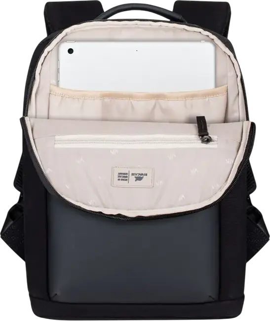 Rivacase Cardiff 8521 Unisex Laptop Backpack for 13.3" MacBook Air/Pro, 10.5" Tablet & iPad Pro 12.9", Faux Leather & Canvas, Anti-theft Lock, Color: Black, 8L