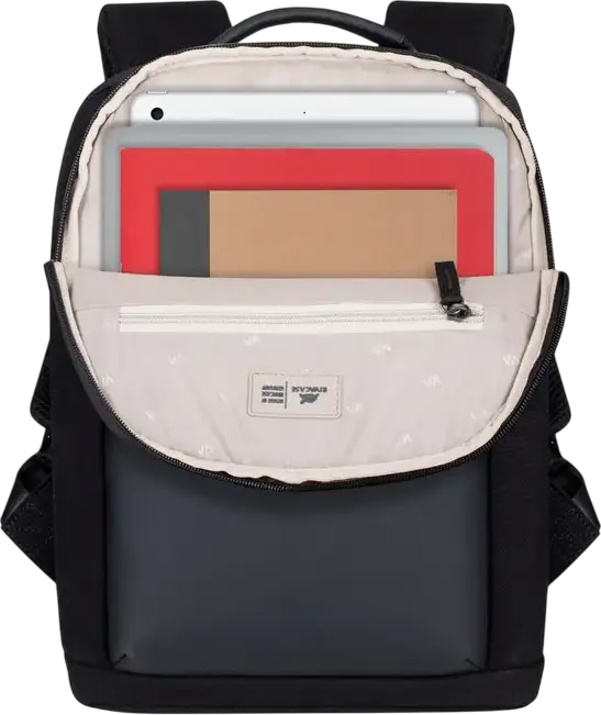 Rivacase Cardiff 8521 Unisex Laptop Backpack for 13.3" MacBook Air/Pro, 10.5" Tablet & iPad Pro 12.9", Faux Leather & Canvas, Anti-theft Lock, Color: Black, 8L