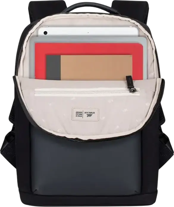Rivacase Cardiff 8521 Unisex Laptop Backpack for 13.3" MacBook Air/Pro, 10.5" Tablet & iPad Pro 12.9", Faux Leather & Canvas, Anti-theft Lock, Color: Black, 8L
