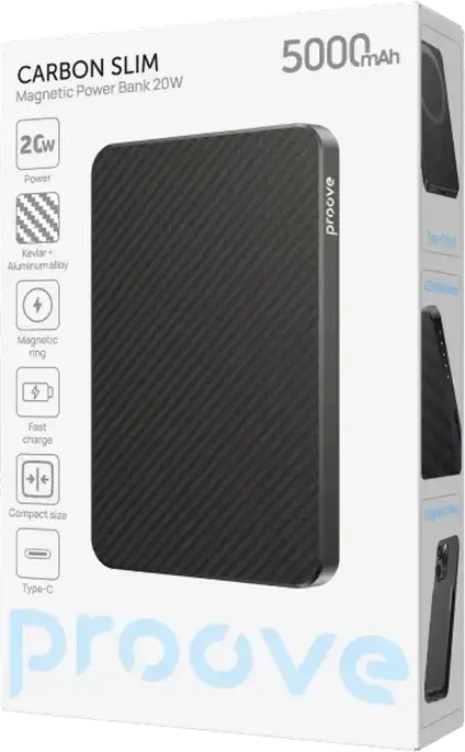 Proove Carbon Slim 20W Power Bank 5000mAh, Black, PD3.1 QC3.0 Fast Charging, 15W Wireless Qi Charging, Kevlar and Aluminum Alloy, Ultra Slim Portable Battery