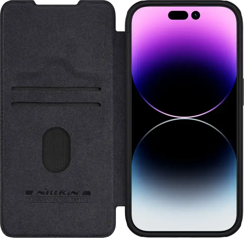 Husa Nillkin Qin Pro pentru iPhone 15 Pro Max, Cover Tip Carte din Piele PU Premium si Policarbonat cu Protectie Glisanta pentru Camera si Sloturi pentru Carduri, Negru