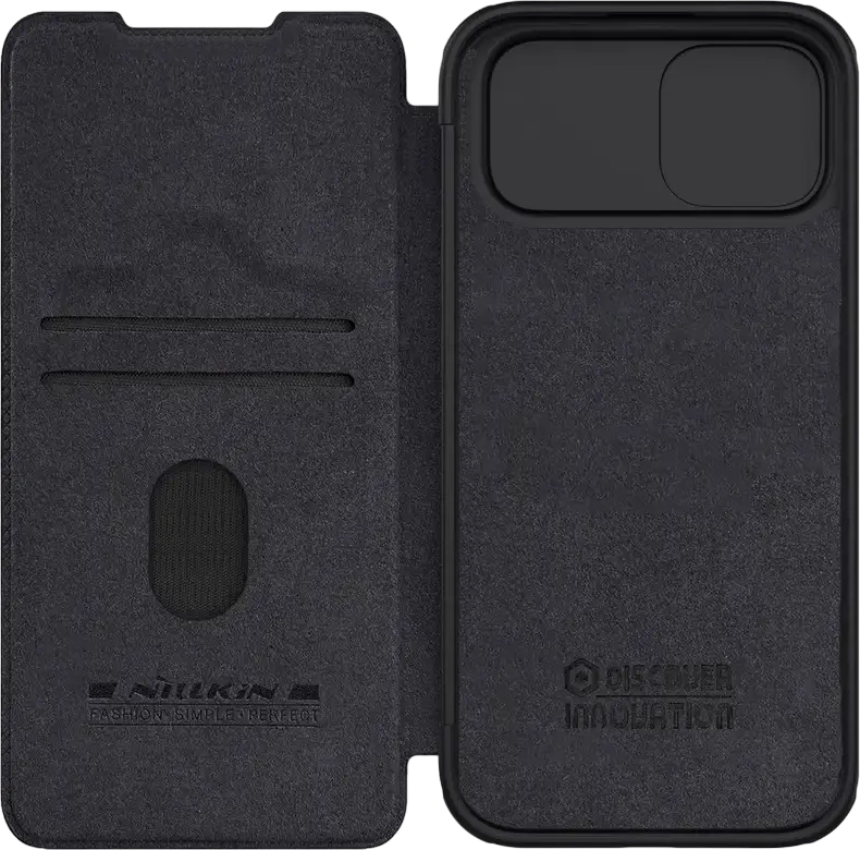 Husa Nillkin Qin Pro pentru iPhone 15 Pro Max, Cover Tip Carte din Piele PU Premium si Policarbonat cu Protectie Glisanta pentru Camera si Sloturi pentru Carduri, Negru