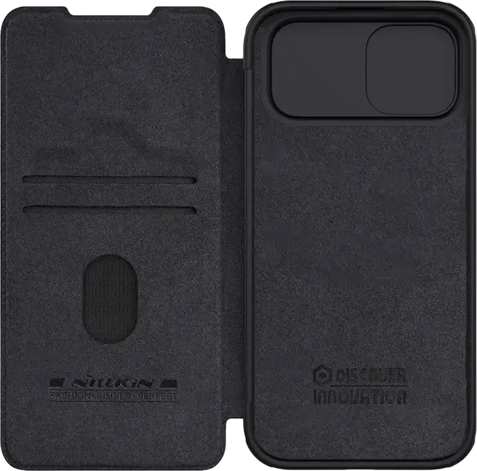 Husa Nillkin Qin Pro pentru iPhone 15 Pro Max, Cover Tip Carte din Piele PU Premium si Policarbonat cu Protectie Glisanta pentru Camera si Sloturi pentru Carduri, Negru