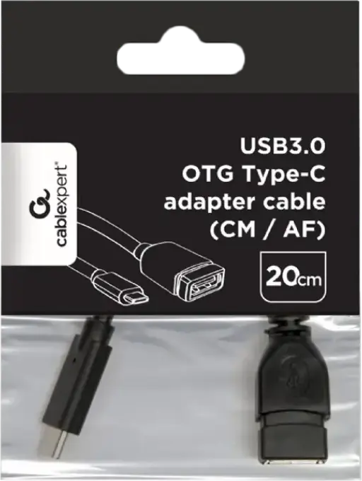 Адаптер OTG Cablexpert A-OTG-CMAF3-01 USB 3.0, кабель USB Type-C (папа) — USB Type-A (мама), скорость передачи данных до 5 Гбит/с, совместим с USB 2.0, черный, 20 см