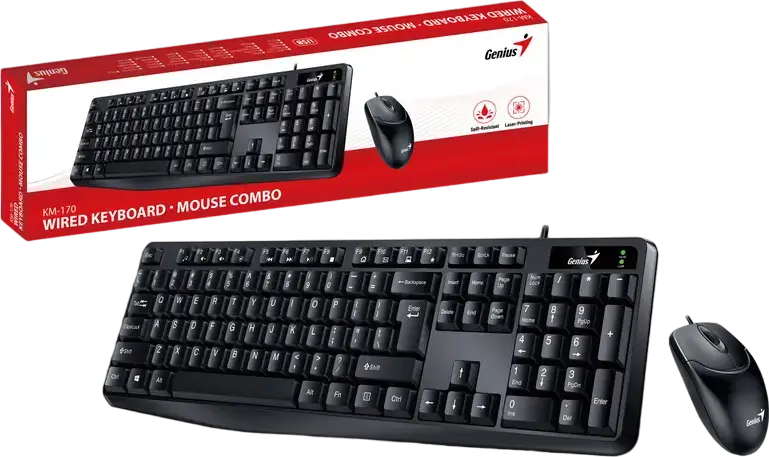 Genius KM-170 Wired USB Keyboard and Mouse Combo, Membrane Spill Resistant Keyboard with AI Copilot Key, 12 Multimedia Keys, 1200 DPI Optical Ambidextrous Mouse, Color: Black, Switch Type: Membrane
