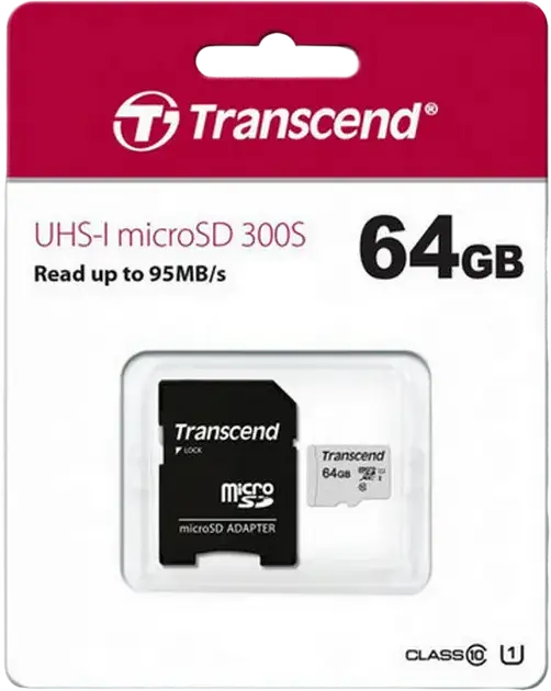 Transcend 300S 64GB microSDXC UHS-I Memory Card, Class 10 U1 A1, Read Speed up to 100MB/s, 3D NAND Flash, Waterproof Shockproof X-Ray Proof with SD Adapter