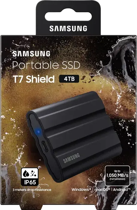 Samsung Portable SSD T7 Shield MU-PE4T0S/WW 4TB External Drive USB 3.2 Gen 2 Type-C, 1050MB/s Read, IP65 Water and Dust Resistant, Shockproof Black