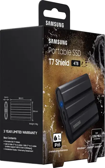 Samsung Portable SSD T7 Shield MU-PE4T0S/WW 4TB External Drive USB 3.2 Gen 2 Type-C, 1050MB/s Read, IP65 Water and Dust Resistant, Shockproof Black