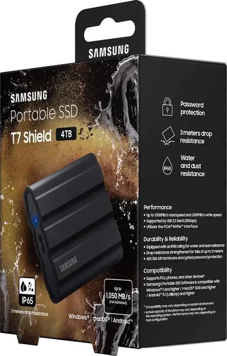 Samsung Portable SSD T7 Shield MU-PE4T0S/WW 4TB External Drive USB 3.2 Gen 2 Type-C, 1050MB/s Read, IP65 Water and Dust Resistant, Shockproof Black