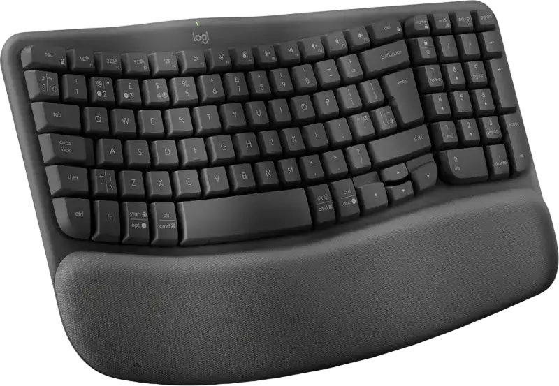 Tastatură ergonomică compactă wireless Logitech Wave Keys for Business Y-R0096, Bluetooth LE 5.1 și receptor Logi Bolt USB, sprijitor palmă integrat, Culoare: Grafit