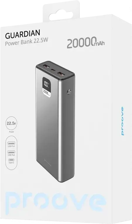 Proove Guardian PBG222210004 Power Bank 20000mAh 22.5W Fast Charging PD Quick Charge Li-Polymer Battery LCD Display PC Aluminum Metallic Grey