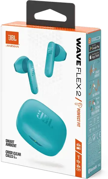 JBL Wave Flex 2 True Wireless Earbuds, Blue, TWS Stick-Open Design, JBL Pure Bass Sound, Smart Ambient Technology, Hands-Free Calls, USB-C Charging