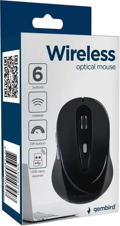 Gembird MUSW-6B-01 Wireless Optical Mouse, 800/1200/1600 DPI Adjustable, 6 Buttons with Browser Navigation, 2.4 GHz Nano USB Receiver, Black