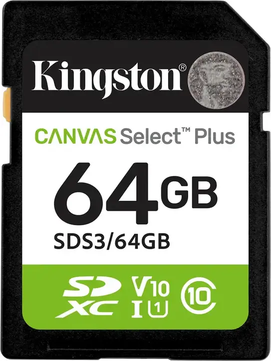 Kingston Canvas Select Plus SD Card 64GB SDS3 UHS-I Class 10 U3 V30 High Speed Memory Card, Waterproof X-Ray Proof, for Full HD 1080p Video and Photos