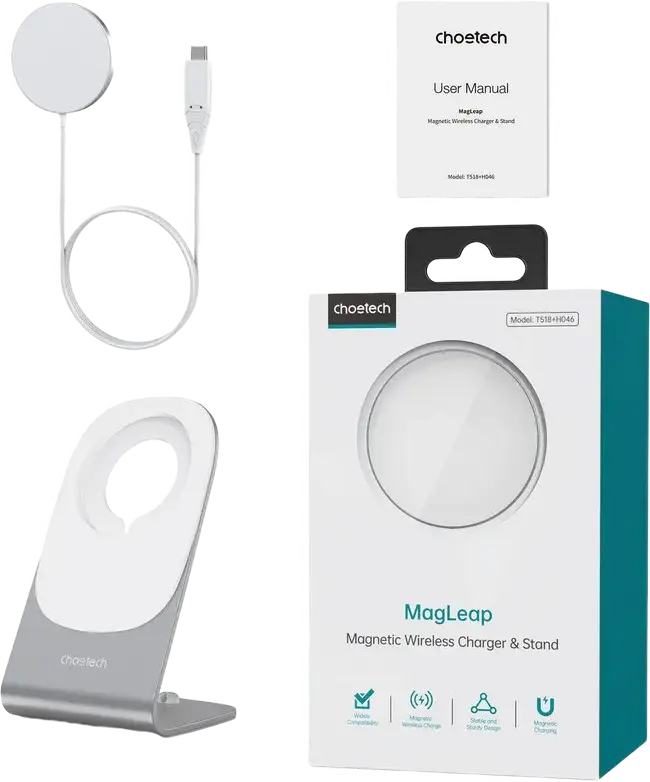 Încărcător și Stand Wireless Magnetic Choetech H046 T518-F MagLeap 15W, Compatibil MagSafe pentru iPhone 12/13/14/15/16 și AirPods, USB-C, Aliaj Aluminiu, PC, ABS, Alb
