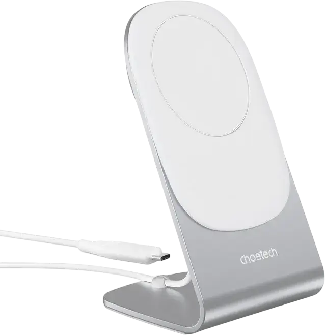 Încărcător și Stand Wireless Magnetic Choetech H046 T518-F MagLeap 15W, Compatibil MagSafe pentru iPhone 12/13/14/15/16 și AirPods, USB-C, Aliaj Aluminiu, PC, ABS, Alb