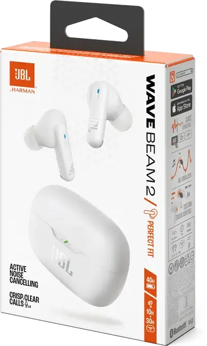 Căști JBL Wave Beam 2 True Wireless Stereo, Albe, Anulare Activă a Zgomotului (ANC), Sunet JBL Pure Bass, Smart Ambient, Autonomie 40h, Conectivitate Multipoint, Rezistente la Apă și Praf