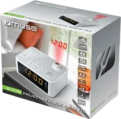 Radio Ceas cu Proiecție Muse M-178 PW, Afișaj LED Amber 0.9", Radio PLL FM/MW, Duală Alarmă, Intrări Aux pentru MP3, Funcții Snooze și Sleep, Alb