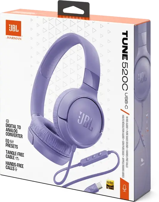 JBL Tune 520C USB-C Wired On-Ear Headphones, Violet, 32mm Dynamic Drivers, JBL Pure Bass Sound, High-Resolution Audio, Foldable Design, Integrated Mic, 120cm Cable