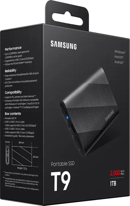 Внешний переносной SSD-накопитель Samsung T9 1TB MU-PG1T0B/EU USB 3.2 Gen 2x2 скорость чтения и записи до 2000МБ/с с Dynamic Thermal Guard, Черный