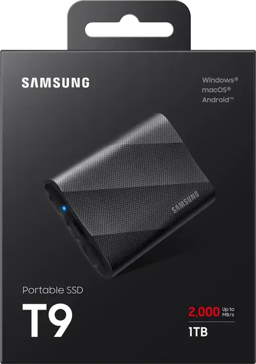 Внешний переносной SSD-накопитель Samsung T9 1TB MU-PG1T0B/EU USB 3.2 Gen 2x2 скорость чтения и записи до 2000МБ/с с Dynamic Thermal Guard, Черный