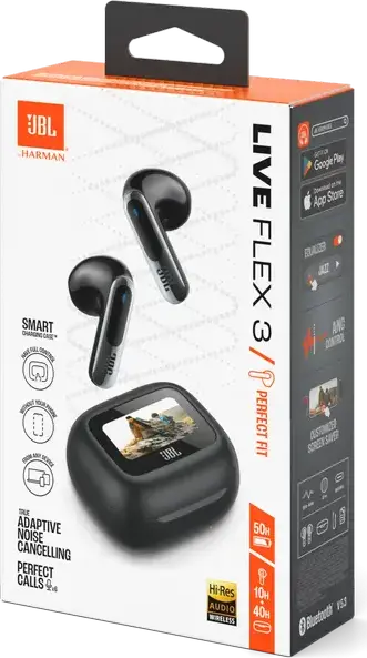 JBL Live Flex 3 True Wireless Open-Stick Earbuds - Black, with 12mm Drivers, True Adaptive Noise Cancelling, 6 Microphones, Touchscreen Charging Case, IP54