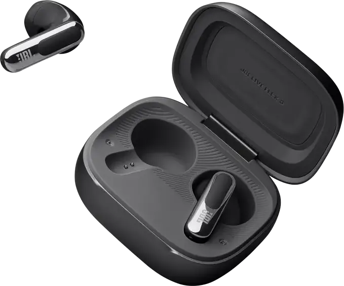 JBL Live Flex 3 True Wireless Open-Stick Earbuds - Black, with 12mm Drivers, True Adaptive Noise Cancelling, 6 Microphones, Touchscreen Charging Case, IP54