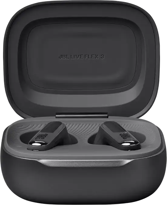 JBL Live Flex 3 True Wireless Open-Stick Earbuds - Black, with 12mm Drivers, True Adaptive Noise Cancelling, 6 Microphones, Touchscreen Charging Case, IP54