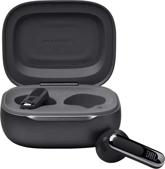 JBL Live Flex 3 True Wireless Open-Stick Earbuds - Black, with 12mm Drivers, True Adaptive Noise Cancelling, 6 Microphones, Touchscreen Charging Case, IP54