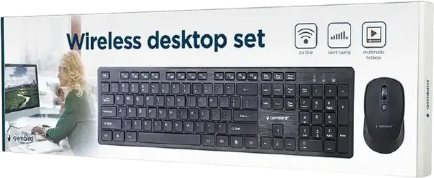Gembird KBS-WCH-04 Wireless Keyboard and Mouse Set, 2.4 GHz RF, Membrane 104-Key Keyboard with 12 Multimedia Buttons, English/Russian Layout, Optical Mouse 1600 DPI, Black