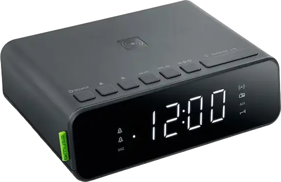 Radio Ceas cu Alarmă Dublă Muse M-175 WI, Încărcare Wireless 10W, Ecran LED Alb, 20 de Posturi Presetate, Funcție Snooze și Sleep, Negru, ABS