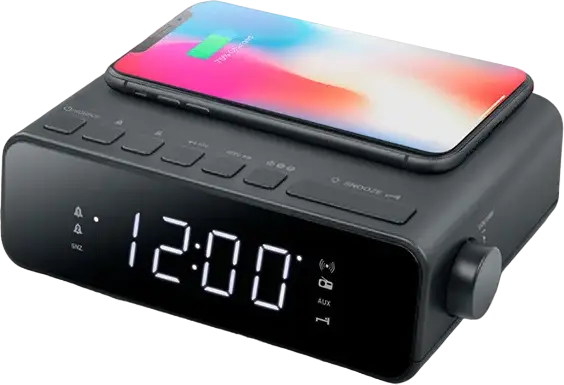 Radio Ceas cu Alarmă Dublă Muse M-175 WI, Încărcare Wireless 10W, Ecran LED Alb, 20 de Posturi Presetate, Funcție Snooze și Sleep, Negru, ABS