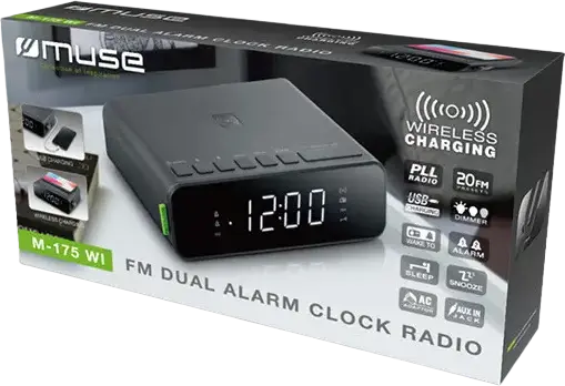 Radio Ceas cu Alarmă Dublă Muse M-175 WI, Încărcare Wireless 10W, Ecran LED Alb, 20 de Posturi Presetate, Funcție Snooze și Sleep, Negru, ABS