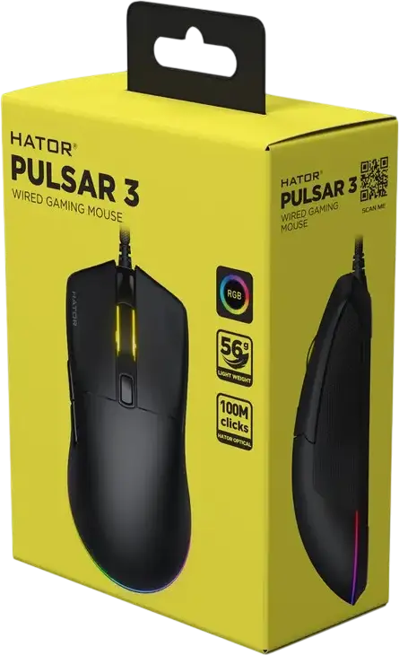 HATOR Pulsar 3 Wired Gaming Mouse, PixArt PMW 3311 Optical Sensor 12000 DPI, HATOR Optical Switches 100M, RGB Lighting, Paracord Cable, 62g, PTFE Glides