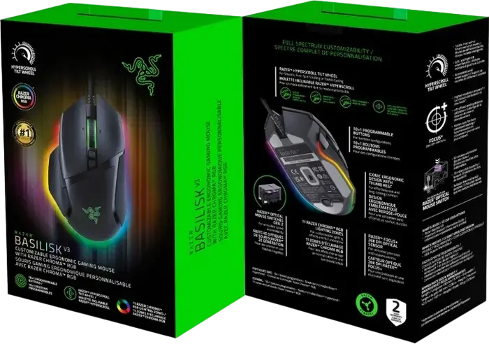 Razer Basilisk V3 Wired Gaming Mouse, 26,000 DPI Focus+ Optical Sensor, HyperScroll Tilt Wheel, 11 Programmable Buttons, Chroma RGB, Black