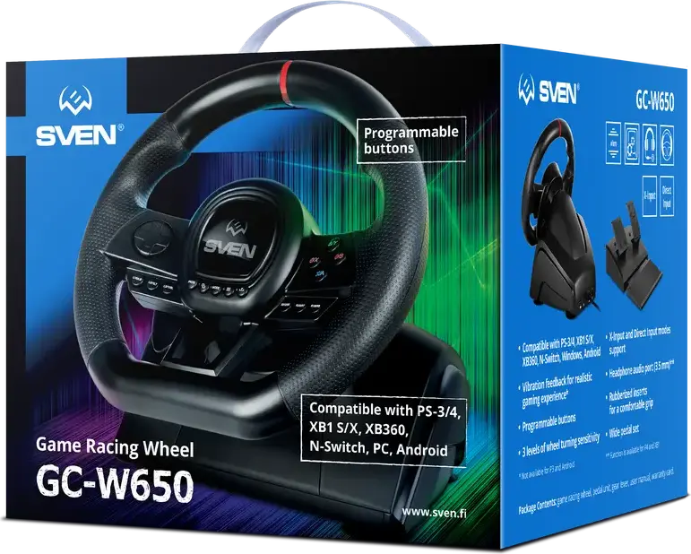 SVEN GC-W650 Game Racing Wheel with 2 Pedals, 270° Rotation, Vibration Feedback, Programmable Buttons for Windows 7-11, Android, Nintendo Switch, PS3, PS4, Xbox 360, Xbox One S/X