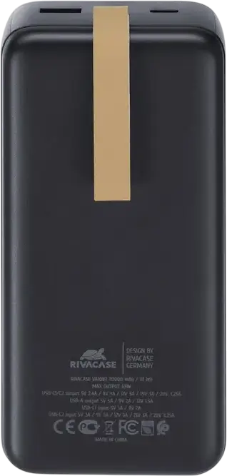 Rivacase VA1083 Power Bank 30000mAh 65W PD 3.0 QC 3.0 Fast Charge Battery for Laptops and Smartphones, LCD Display, 2x USB-C 1x USB-A, Color: Black