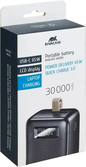 Rivacase VA1083 Power Bank 30000mAh 65W PD 3.0 QC 3.0 Fast Charge Battery for Laptops and Smartphones, LCD Display, 2x USB-C 1x USB-A, Color: Black