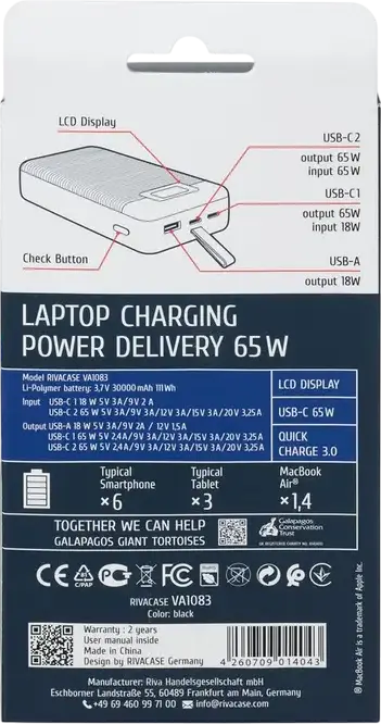Rivacase VA1083 Power Bank 30000mAh 65W PD 3.0 QC 3.0 Fast Charge Battery for Laptops and Smartphones, LCD Display, 2x USB-C 1x USB-A, Color: Black