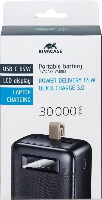 Rivacase VA1083 Power Bank 30000mAh 65W PD 3.0 QC 3.0 Fast Charge Battery for Laptops and Smartphones, LCD Display, 2x USB-C 1x USB-A, Color: Black